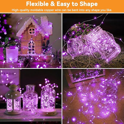 Solar String Lights Outdoor Waterproof 2 Pack Total 66ft 200LED 8 Modes Twinkle Lights Solar Fairy Lights for Patio, Garden Yard Party Wedding Tree Christmas Halloween Decoration, Purple