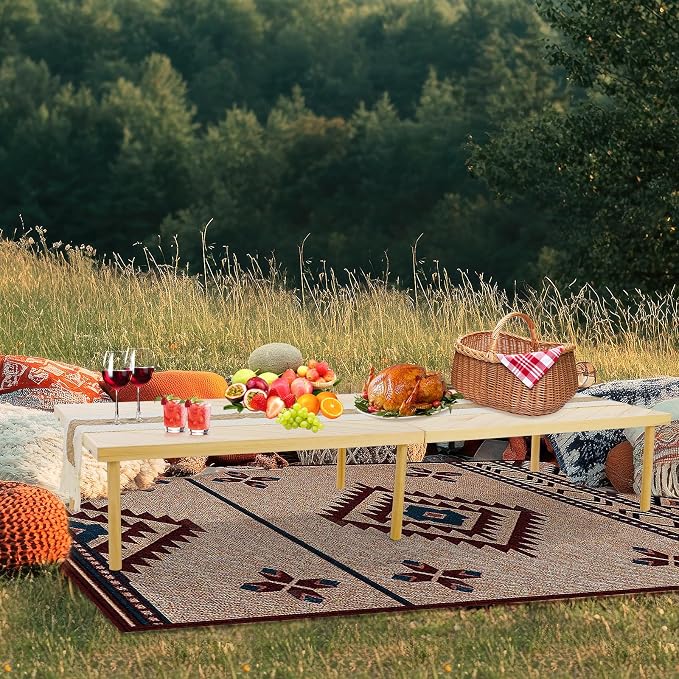 Folding Picnic Table with Table Runner, Portable Boho Low Picnic Table for Indoor Outdoor, 80" x 30" Wooden Table with Adjustable Heights for Camping, Wedding, Beach, Garden, Party (Large Size for 8)