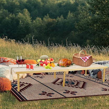 Folding Picnic Table with Table Runner, Portable Boho Low Picnic Table for Indoor Outdoor, 80" x 30" Wooden Table with Adjustable Heights for Camping, Wedding, Beach, Garden, Party (Large Size for 8)