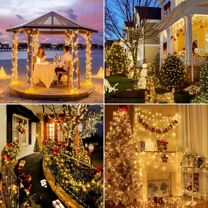196FT 600 LED Christmas Lights Outdoor Waterproof, Timer & Memory Function, 8 Modes Warm White String Lights Plug in Twinkle Lights for Xmas Tree Holiday Garden Indoor Party Decor