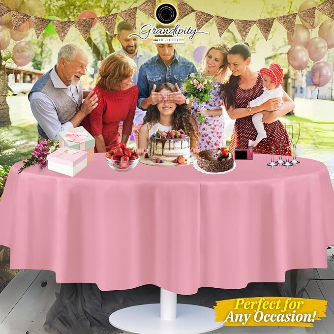 Grandipity 12 Pack Premium Disposable Plastic Tablecloth 84" Inch Decorative Round Table Cover - Pink