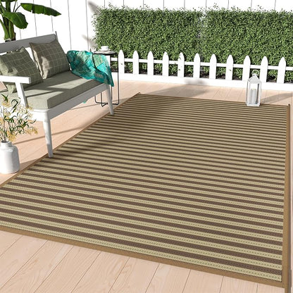 GENIMO Outdoor Rug, Waterproof Plastic Rugs for Patio, 6'x9' Brown Greige | Outside Larger Modern Carpet Mat for Porch Decor, Deck, Balcony, Camping, RV, Backyard, Picnic, Beach, Reversible, Foldable