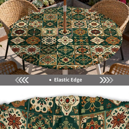 Outdoor Tablecloth with Umbrella Hole and Zipper Fits 53-60" Tables | Waterproof Round Fitted Tablecloth with Elastic Edge, Wipeable Outdoor Table Cover for Patio, Garden, Picnic