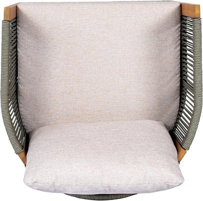 Christopher Knight Home Kato Outdoor Metal & Acacia Wood Frame Swivel Accent Chair with Removable Cushion, 360° Rotating Patio Armchair with Rope Accent, Outdoor Swivel Chair for Garden, Light Grey
