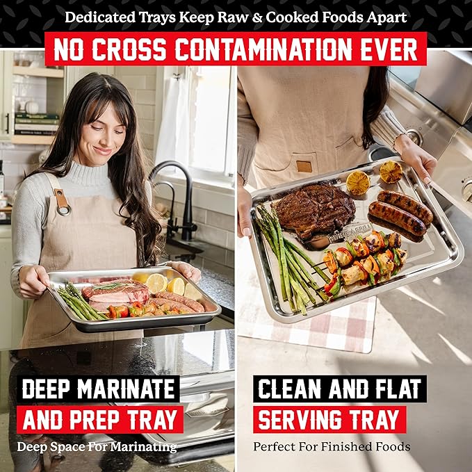 AVIEUS Grill Prep and Serving Trays | Set of 2 Stackable Stainless Steel Trays | Trays for Marinating, Serving & Chopping | Serving Platter for Plating Food & BBQ Prep Tub | Grilling Accessories