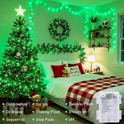 JMEXSUSS 33ft 100 LED Green Battery Operated Lights with Remote, Green Christmas Lights Battery Operated, Christmas String Light Indoor Outdoor for Tree House Yard Xmas Decor (Pack of 2)