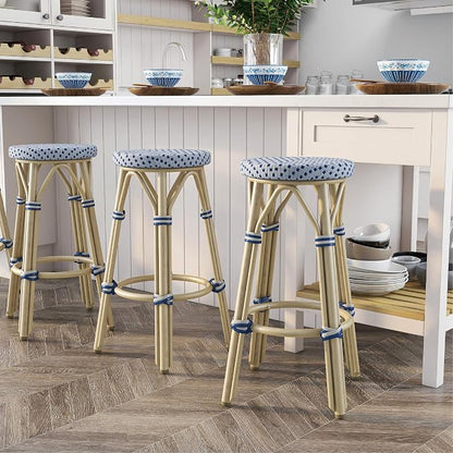 Seadrift Boho 26-inch Aluminum and All-Weather Wicker Barstools with Footrest, Patio Stools & Bar Chairs for Outdoor, Kitchen Counter, Poolside, Yard, Set of 2, Gray and Navy Blue