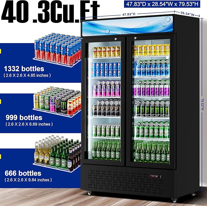 Beverage Cooler Commercial Refrigerator 40.3 Cu.Ft. Glass Door Display Refrigerator with LED Light, Shelves, Display 10 Commercial Beverage Refrigeratorfor Restaurant Cafe Bar Store (40.3 Cu.Ft.)