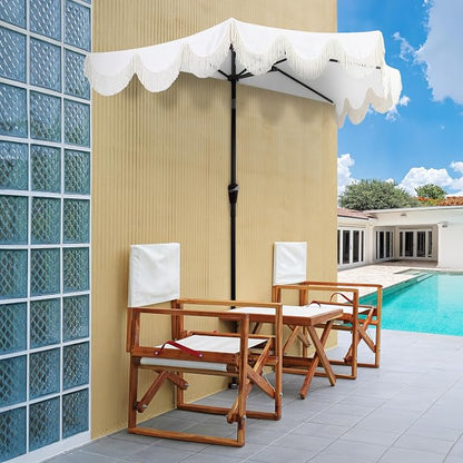 JONATHAN Y Beverly 9 ft. Striped Half Umbrella, Cream/Dark Brown | Coastal Scalloped Fringe, Crank Lift, 30 Degree Manual Tilt, UV 50 Polyester Canopy, Aluminum Frame, Space Saving Design