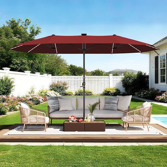 GDPFN 15ft Rectangular Patio Umbrella with Solar LED Lights, Double-Sided Outdoor Market Umbrella Extra Large Shade for Pool, Deck, Backyard, Garden, Burgundy (Base Not Include)