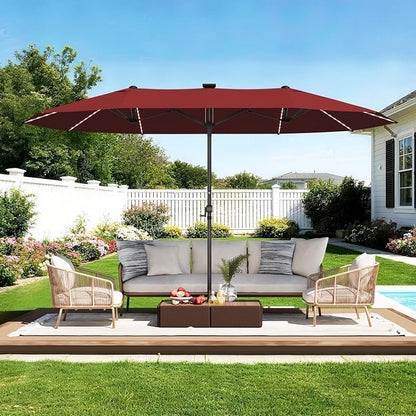 GDPFN 15ft Rectangular Patio Umbrella with Solar LED Lights, Double-Sided Outdoor Market Umbrella Extra Large Shade for Pool, Deck, Backyard, Garden, Burgundy (Base Not Include)