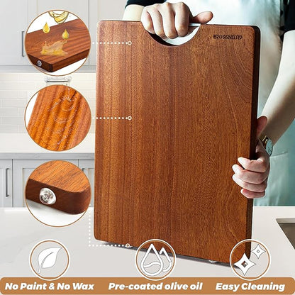 Brosisincorp Real Solid Sapele Cutting Board One Piece No Glue Non Toxic All Whole Single Wood Butcher Block Thick Hard Wood Heavy Duty Edge Grain (Small,14.17"L*9.45"W*0.98"Th)