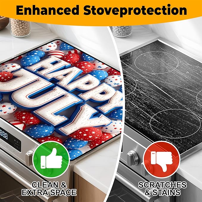 Patriotic Stove Top Cover, Heat Resistant Electric Stove Protector Mat, Large Diatomite Kitchen Counter Mat, Independence Day Decor American Flag Kitchen Accessory (happy july, 28x20 Inch)