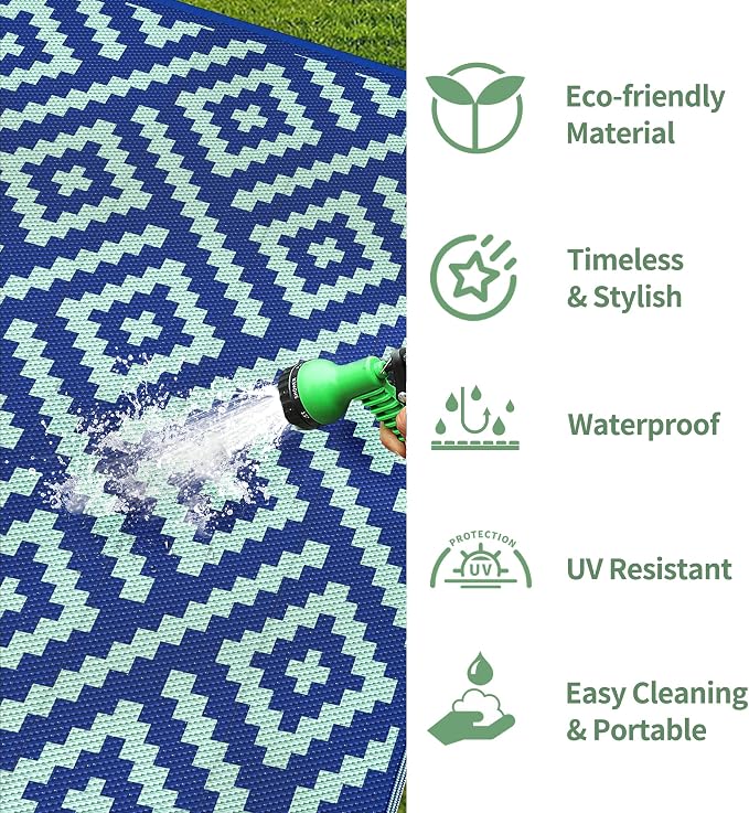 GENIMO Outdoor Rug, Waterproof Plastic Rugs for Patio, 6'x9' Royal Blue | Outside Larger Modern Carpet Mat for Porch Decor, Deck, Balcony, Camping, RV, Backyard, Picnic, Beach, Reversible, Foldable