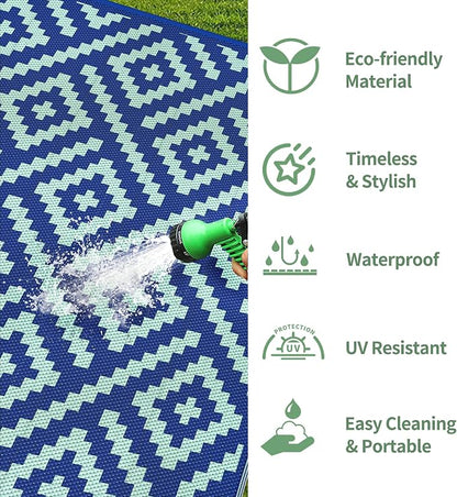 GENIMO Outdoor Rug, Waterproof Plastic Rugs for Patio, 6'x9' Royal Blue | Outside Larger Modern Carpet Mat for Porch Decor, Deck, Balcony, Camping, RV, Backyard, Picnic, Beach, Reversible, Foldable