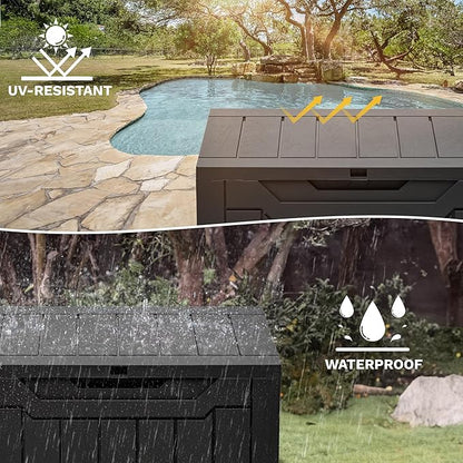 DWVO 30 Gallon Deck Box Outdoor Storage Box, Lockable Outside Storage Bin for Gardening Tools, Patio Cushions, Waterproof Resin (Black)
