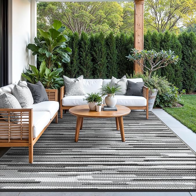 GENIMO Outdoor Rug, Waterproof Plastic Rugs for Patio, 9'x12' Onyx White | Outside Larger Modern Carpet Mat for Porch Decor, Deck, Balcony, Camping, RV, Backyard, Picnic, Beach, Reversible, Foldable