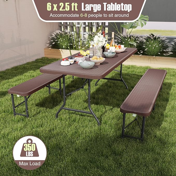 Goplus 6ft Plastic Folding Table, 350 LBS Outdoor Heavy Duty Folding Tables with Rattan-Like HDPE Tabletop, Handle, Lock, Foldable Rectangle Portable Utility Card Table for Picnic, Camping, Dining