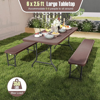 Goplus 6ft Plastic Folding Table, 350 LBS Outdoor Heavy Duty Folding Tables with Rattan-Like HDPE Tabletop, Handle, Lock, Foldable Rectangle Portable Utility Card Table for Picnic, Camping, Dining