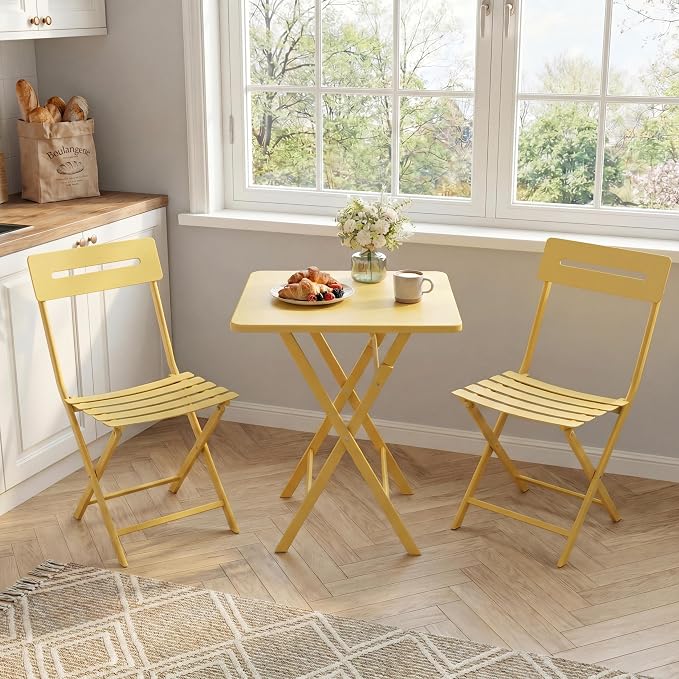 Garvee 3-Piece Bistro Set, Outdoor/Indoor Folding Patio Furniture Set,Space Saving Folding Design, Outdoor Table and Chairs Set for Patio, Garden, Balcony and Poolside, Yellow