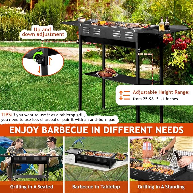 Portable Charcoal Grill with Folding Legs 2-in-1 Grill Griddle for Outdoor BBQ Adjustable Height Charcoal Grill Portable with Side Shelves and Storage Bag for Camping Picnic Tailgating