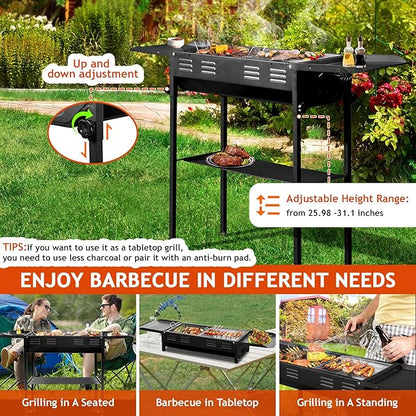 Portable Charcoal BBQ Grill, Foldable Smoker Tall Barbecue Grill Charcoal Outdoor Lightweight for Cooking Camping Hiking Picnics Tailgating Backpacking Garden Beach Party (47"L x 30.31"H)