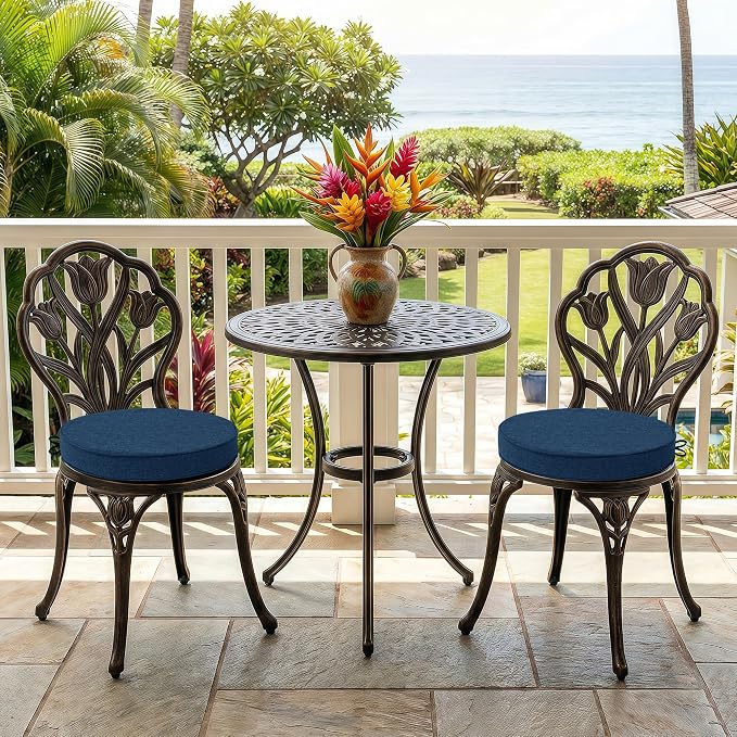 Outdoor Round Chair Cushions 15 Inch, Set of 2, Navy Blue | Fade-Resistant, Water-Resistant, Bistro Chair Seat Pads for Porch Garden Balcony Patio Furniture Stools, Non-Slip Bottom