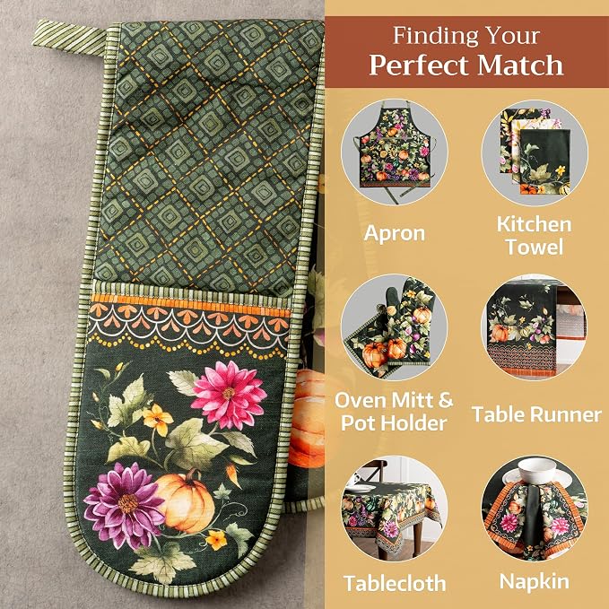 Maison d' Hermine Double Oven Mitts 100% Cotton Double Oven Glove (7"x35") | Heat Resistant BBQ Cooking Gloves with Loop Baking Kitchen Home Farmhouse Thanksgiving Christmas -Pumpkin Garden - Dark Green