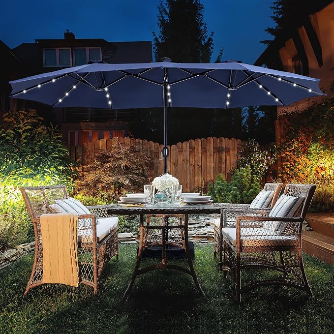15ft Patio Umbrella with Solar lights & Base, Large Umbrellas, Navy Blue | HERA'S PALACE Rectangle Double Market Umbrella with 36 LED Lights, Big Outdoor Umbrellas for Pool Picnic Inground Yard Deck