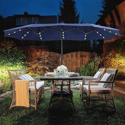 15ft Patio Umbrella with Solar lights & Base, Large Umbrellas, Navy Blue | HERA'S PALACE Rectangle Double Market Umbrella with 36 LED Lights, Big Outdoor Umbrellas for Pool Picnic Inground Yard Deck