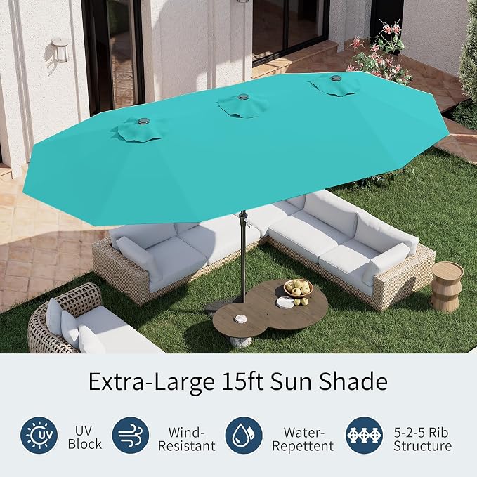 PatioKingdom 15FT Large Patio Umbrella with Base, Double Sided Rectangular Outdoor Umbrella with Sturdy Fiberglass Ribs, Market Umbrella for Pool,Garden,Backyard,Deck (Peacock Blue, 15FT)