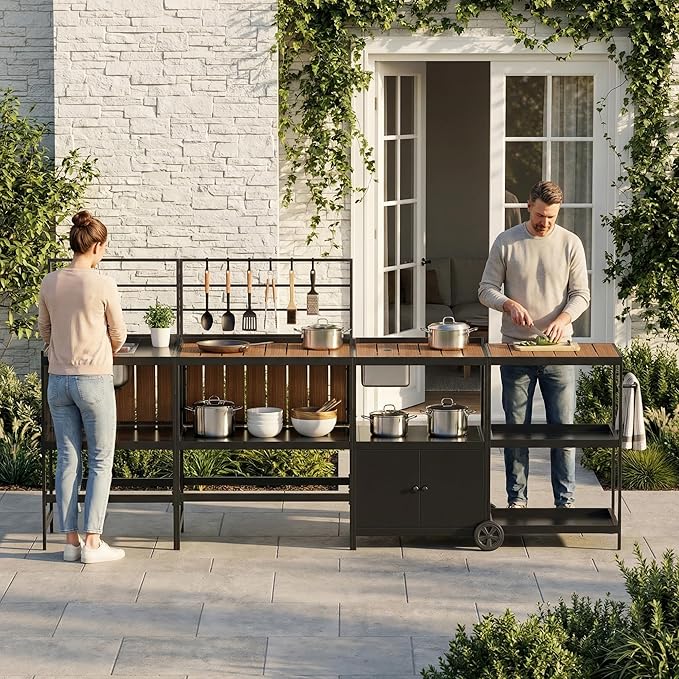 ENSTVER Modular Outdoor Kitchen with All-Aluminum Island & Cabinets, Stainless Steel Sink, Food-Safe Countertop, Outdoor Kitchen Island for Patio, Deck, Backyard,Black