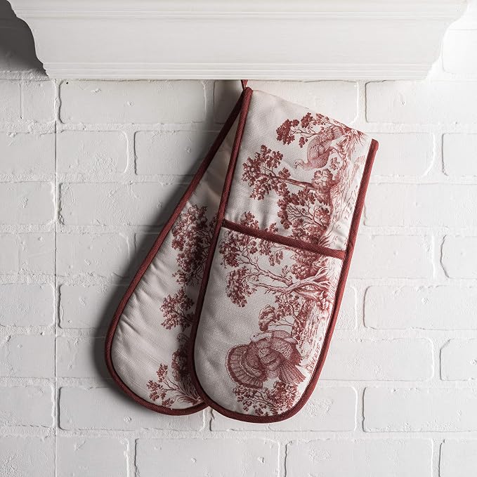 Maison d' Hermine Double Oven Mitts 100% Cotton Double Oven Glove (7"x35") | Heat Resistant BBQ Cooking Gloves with Loop Baking Kitchen Home Hotel Farmhouse Thanksgiving Christmas - Holy Jouy - Red