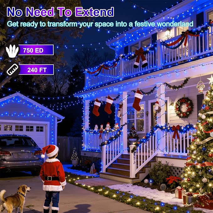 750 LED 240FT Christmas Lights, 12 Modes Christmas String Lights, Plug-In | Blue String Lights with Timer, Dimming and Green Wire for Large Trees, Patios, Fences and Porches