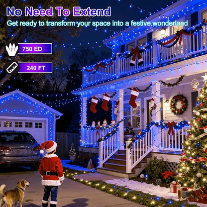 750 LED 240FT Christmas Lights, 12 Modes Christmas String Lights, Plug-In | Blue String Lights with Timer, Dimming and Green Wire for Large Trees, Patios, Fences and Porches