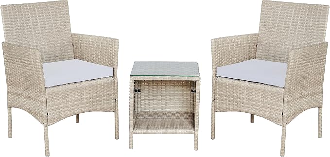 Outdoor Wicker Conversation 3 Piece Bistro Set Garden Patio Yard Porch Furniture Space Saving Pe Rattan 2 Chairs Cushions Side Storage Glass Table Gray/Cream 3pc