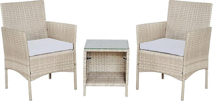 Outdoor Wicker Conversation 3 Piece Bistro Set Garden Patio Yard Porch Furniture Space Saving Pe Rattan 2 Chairs Cushions Side Storage Glass Table Gray/Cream 3pc
