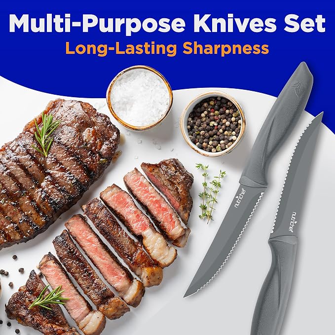 SereneLife Stainless Steel Knife Set, 8 Pcs. - Non-Stick Coating, Sharp Serrated Blades, Professional Kitchen Set, Rust-Resistant, Dishwasher Safe, Ideal for BBQ & Grilling, Gray