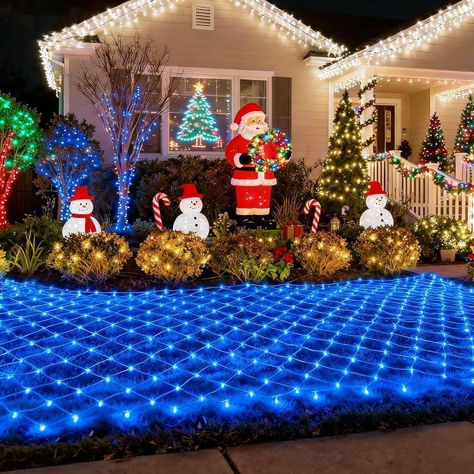 Pooqla Blue Net Lights, 15x 5ft Christmas Bush Lights Outdoor Green Wire | 300 LED Large Net Mesh Lights Plug in, 8 Modes Waterproof Connectable Bushes Lights for Halloween Hedge Yard Decor