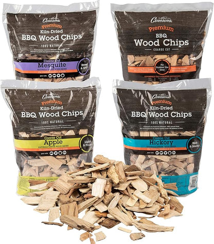 Camerons All Natural Wood Chips for Smoker, 4 Pack - Apple, Cherry, Hickory, Mesquite -260 Cu In Bag, Approx 2lbs ea - Kiln Dried Coarse BBQ Wood Chips- Barbecue Grilling Variety Pack Gift Set for Men
