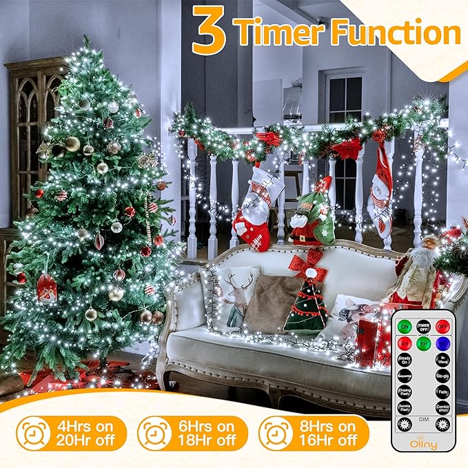 Ollny Cluster Lights Christmas 400LED 20FT, Cool White Christmas Tree Lights 8 Modes Timer Remote, Waterproof Connectable String Lights for Outdoor Indoor Outside Garland Xmas Decorations