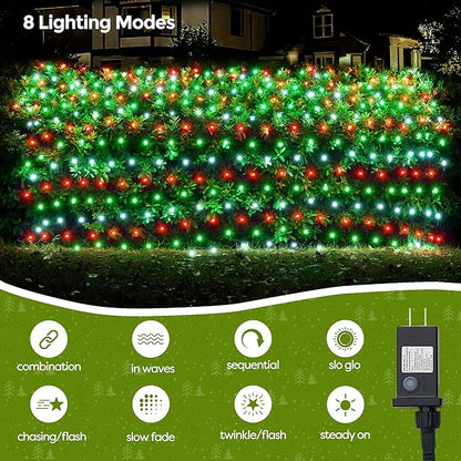 WBao Christmas Net Lights, 360LED 11.5ft x 6.9ft Christmas Lights with 8 Modes, Timer, End to End Connectable, Waterproof Design for Lawn, Bushes, Trees Outdoor Xmas Decorations, Red Green White