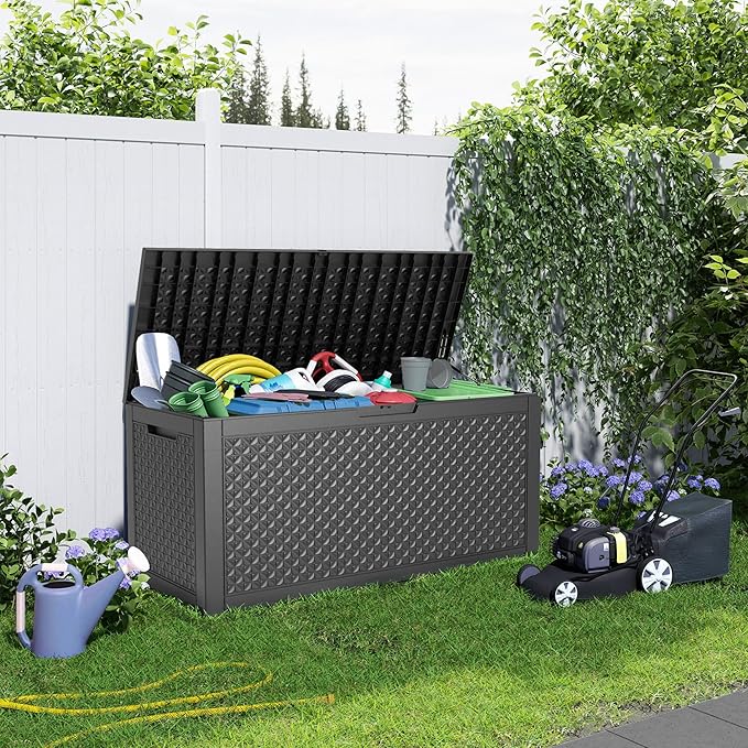 PatioZen 121 Gallon Large Deck Box,Resin Outdoor Storage Box with Lockable for Patio Furniture, Pool Accessories, Garden Tools Waterproof Outside Storage Box, Black