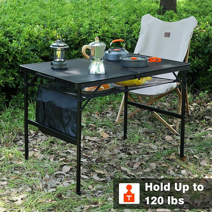 JOUYEK Folding Grill Table, 3x2 FT Portable Camping Table | Height Adjustable Metal Tables with Mesh Desktop and Mesh Bag, Outdoor Furniture for Camping, Picnic, Beach and BBQ, Black