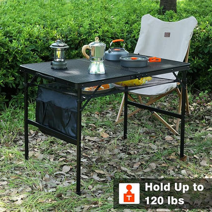 JOUYEK Folding Grill Table, 3x2 FT Portable Camping Table | Height Adjustable Metal Tables with Mesh Desktop and Mesh Bag, Outdoor Furniture for Camping, Picnic, Beach and BBQ, Black