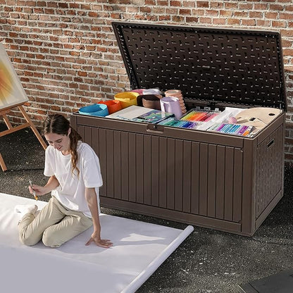 DWVO 320 Gallon Double-Wall Deck Box with Divider, XXL Extra Large Resin Outdoor Storage Box, Lockable & Waterproof, Double as Seating, 1000lbs Capacity (Brown)