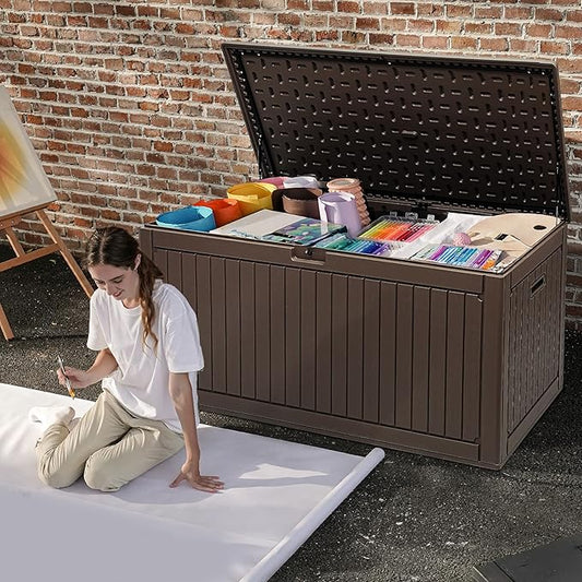 DWVO 320 Gallon Double-Wall Deck Box with Divider, XXL Extra Large Resin Outdoor Storage Box, Lockable & Waterproof, Double as Seating, 1000lbs Capacity (Brown)