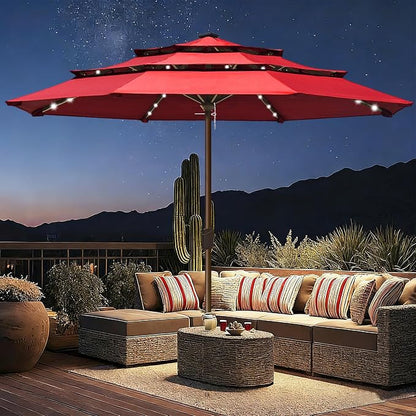 EliteShade USA 10-Year-Non-Fading 10ft 3-Tier Market Patio Umbrella, Commercial Table Umbrella with 80 Solar LED Lights, Crank Open, Windproof & UPF 50+ UV Protection for Garden, Deck, Pool, Backyard, No Tilt, Logo Red