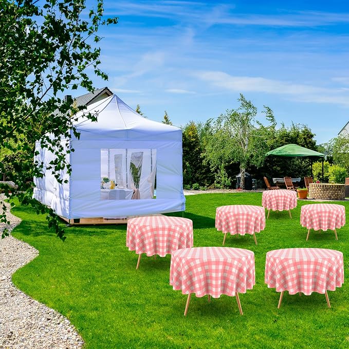 Disposable Checkered Tablecloth Round Plastic Buffalo Plaid Table Cloth 84'' Gingham Tablecover for Picnic Camping BBQ Graduation Party(Pink and White,6 Pieces)