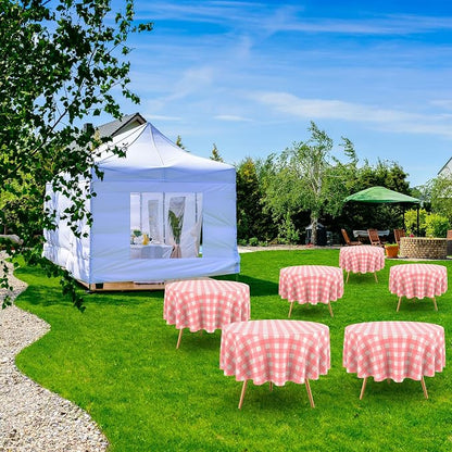 Disposable Checkered Tablecloth Round Plastic Buffalo Plaid Table Cloth 84'' Gingham Tablecover for Picnic Camping BBQ Graduation Party(Pink and White,6 Pieces)